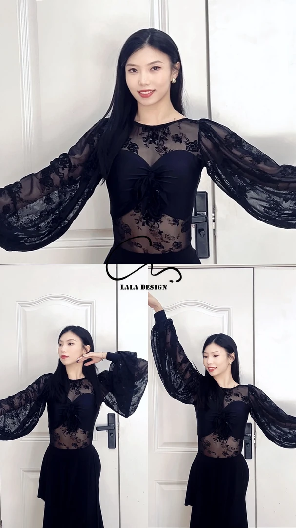 CM舞服《气质优雅》植绒黑色花纹百搭显瘦摩登女士练习服摩登舞服