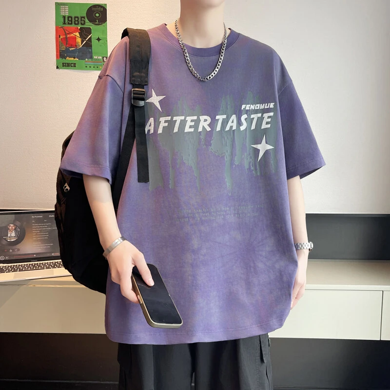 短袖t恤男夏季潮牌学生宽松印花圆领半袖青少年上衣潮流港风休闲T