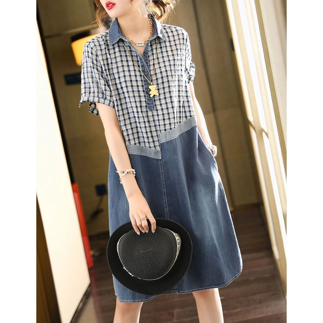 韩版百搭宽松型衬衫领连衣裙2025夏季新款短袖裙子