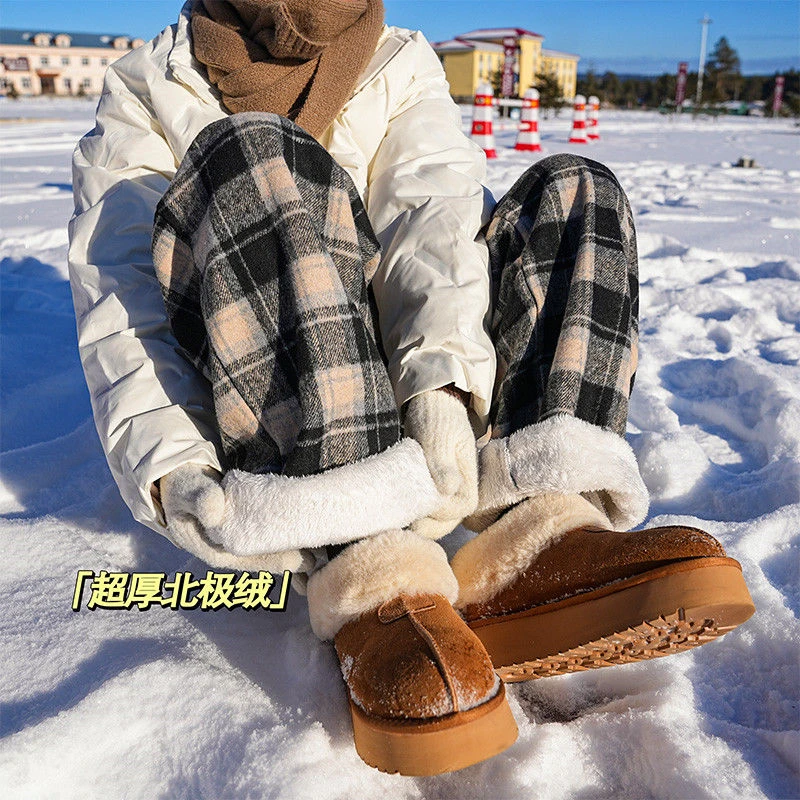大码300斤复古格子裤子女秋冬款超厚加绒裤胖mm宽松休闲阔腿裤ins