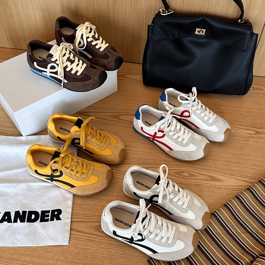 韩版拼色休闲风德训鞋女系带2025春秋新款阿甘运动板鞋圆头小白鞋