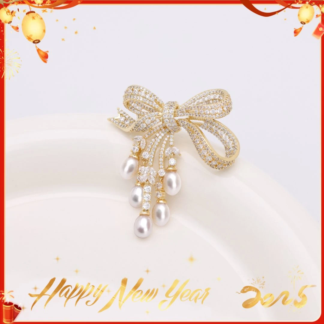 希君羽翼【小籽蛇年大吉】蝴蝶结胸针 天然淡水珍珠五珠百搭XZ005