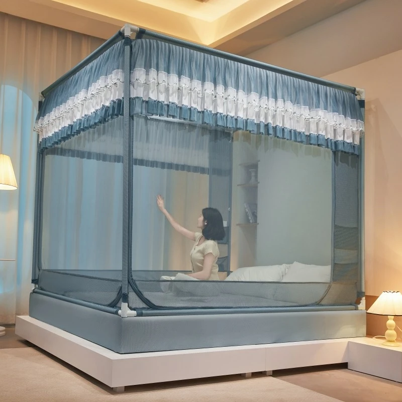 新款防摔蚊帐婴儿童防掉床U型三开门绣花边床笠回底款家用1.51.8