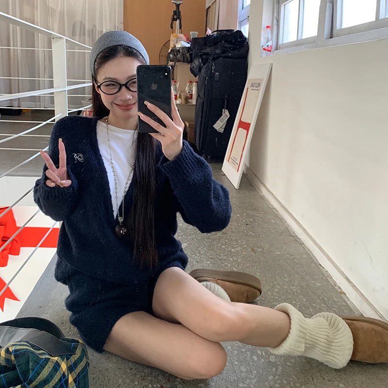 【倒带】秋冬韩版宽松百搭针织套装时尚气质圆领慵懒风两件套51111#