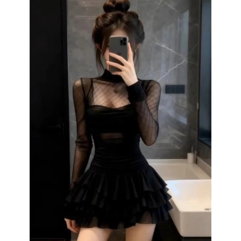 法式复古网纱长袖连衣裙女秋冬气质高级感收腰显瘦蛋糕短裙子883