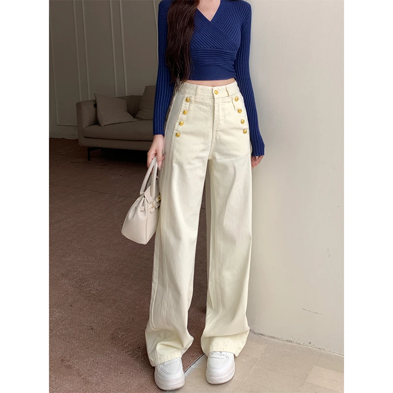 巴曼风气质百搭阔腿牛仔裤女2025年秋季新款重工金扣高腰显瘦长裤