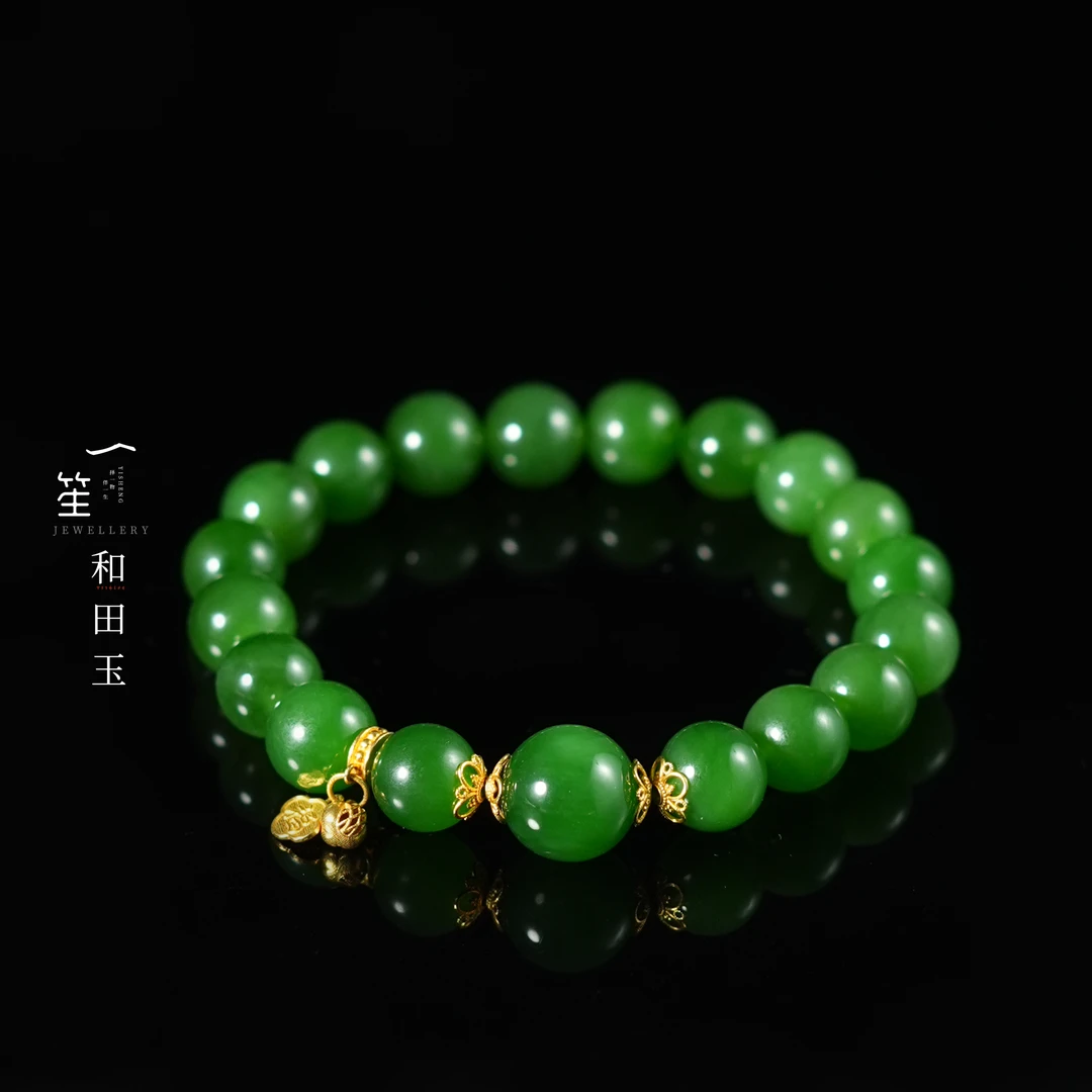 【一笙珠宝】黄黑皮首选和田玉碧玉辣绿圆珠手串9~10mm DY7185