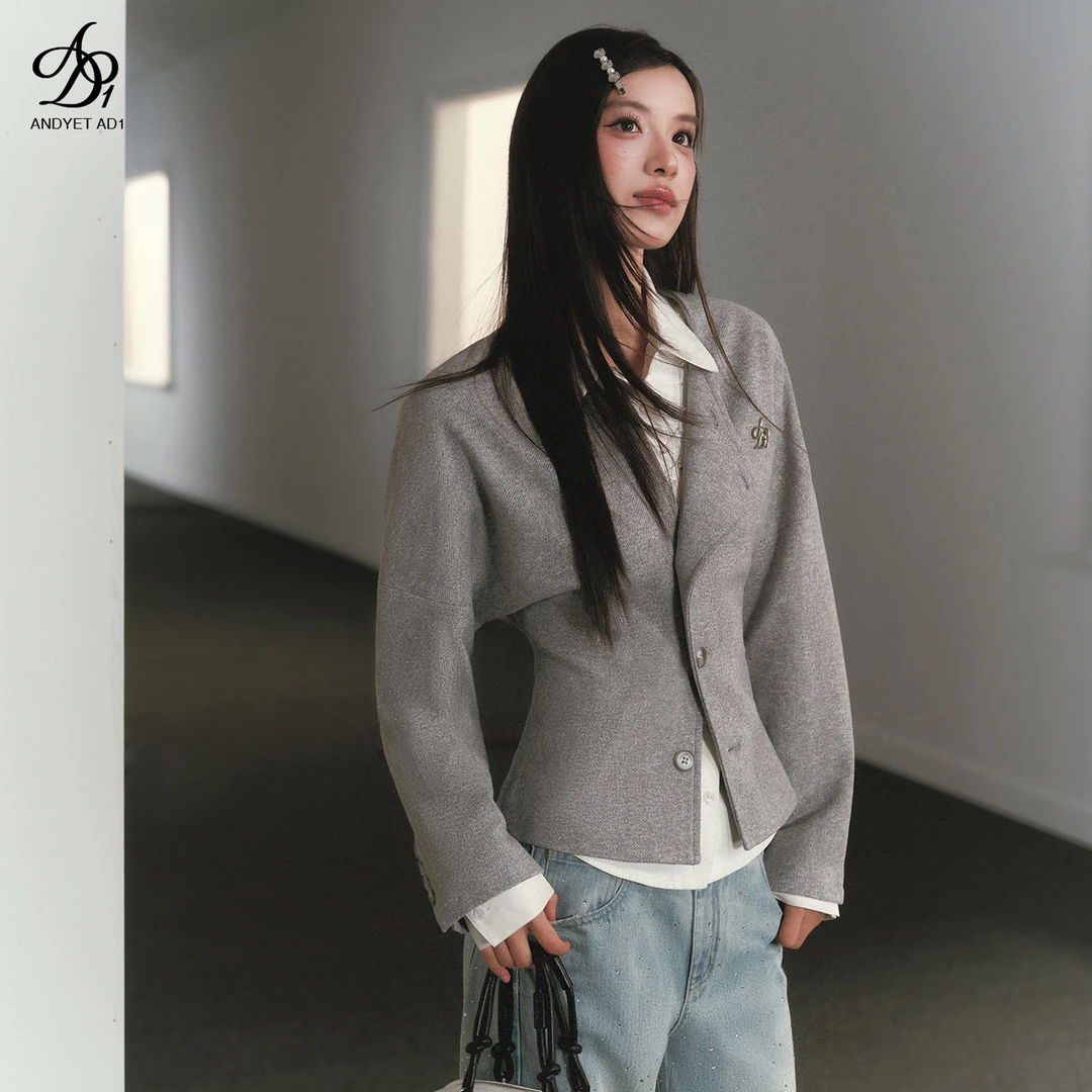 ANDYET AD1收腰阔肩毛呢外套灰色慵懒复古千金解构短上衣显瘦开衫