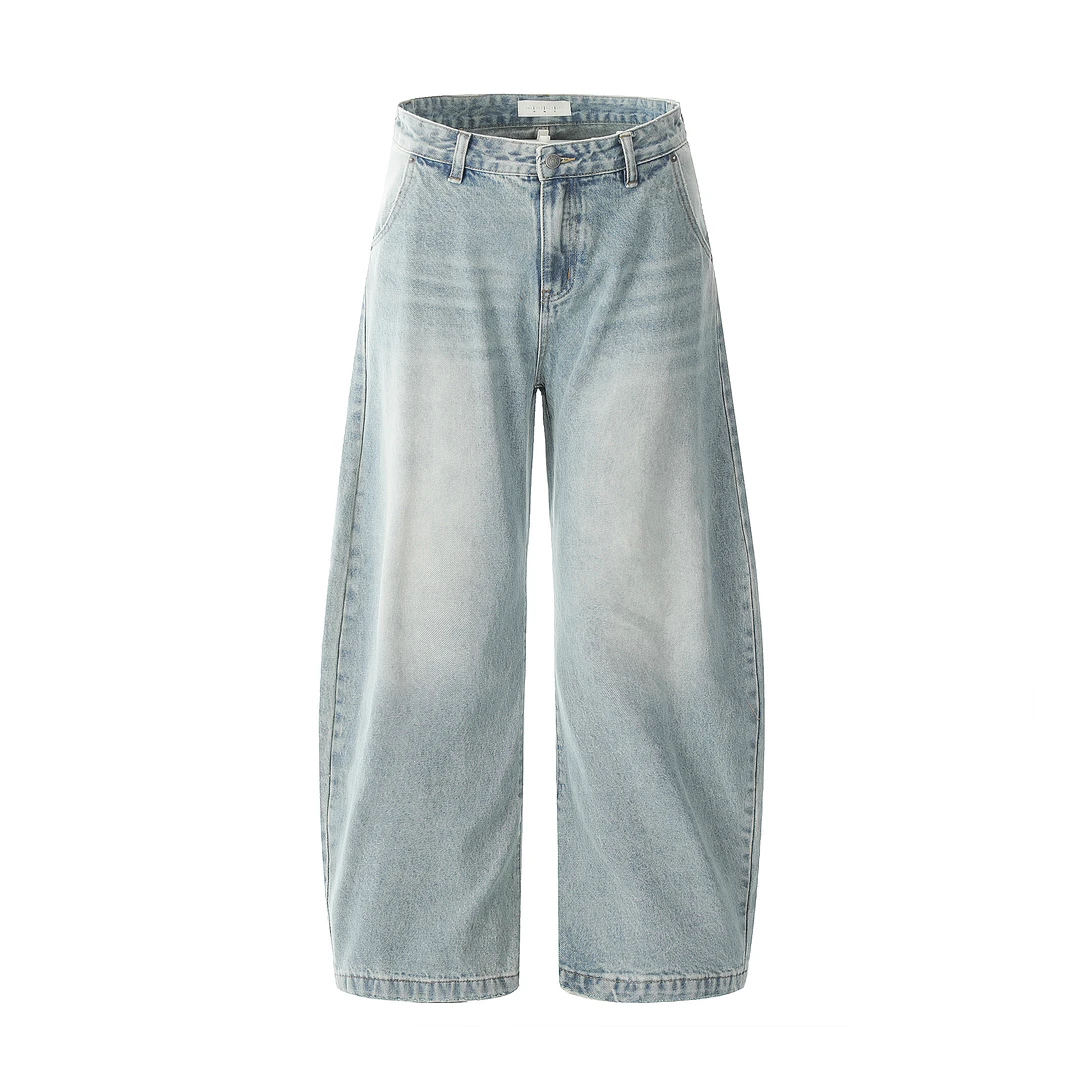 XXIII-美式复古水洗浅蓝弯刀牛仔男女cleamfit宽松阔腿牛仔裤