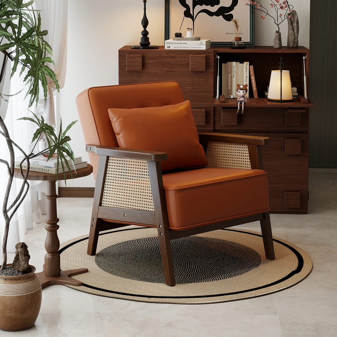 美物俪家中古风单人沙发椅简约家用客厅休闲椅设计师款阳台单椅