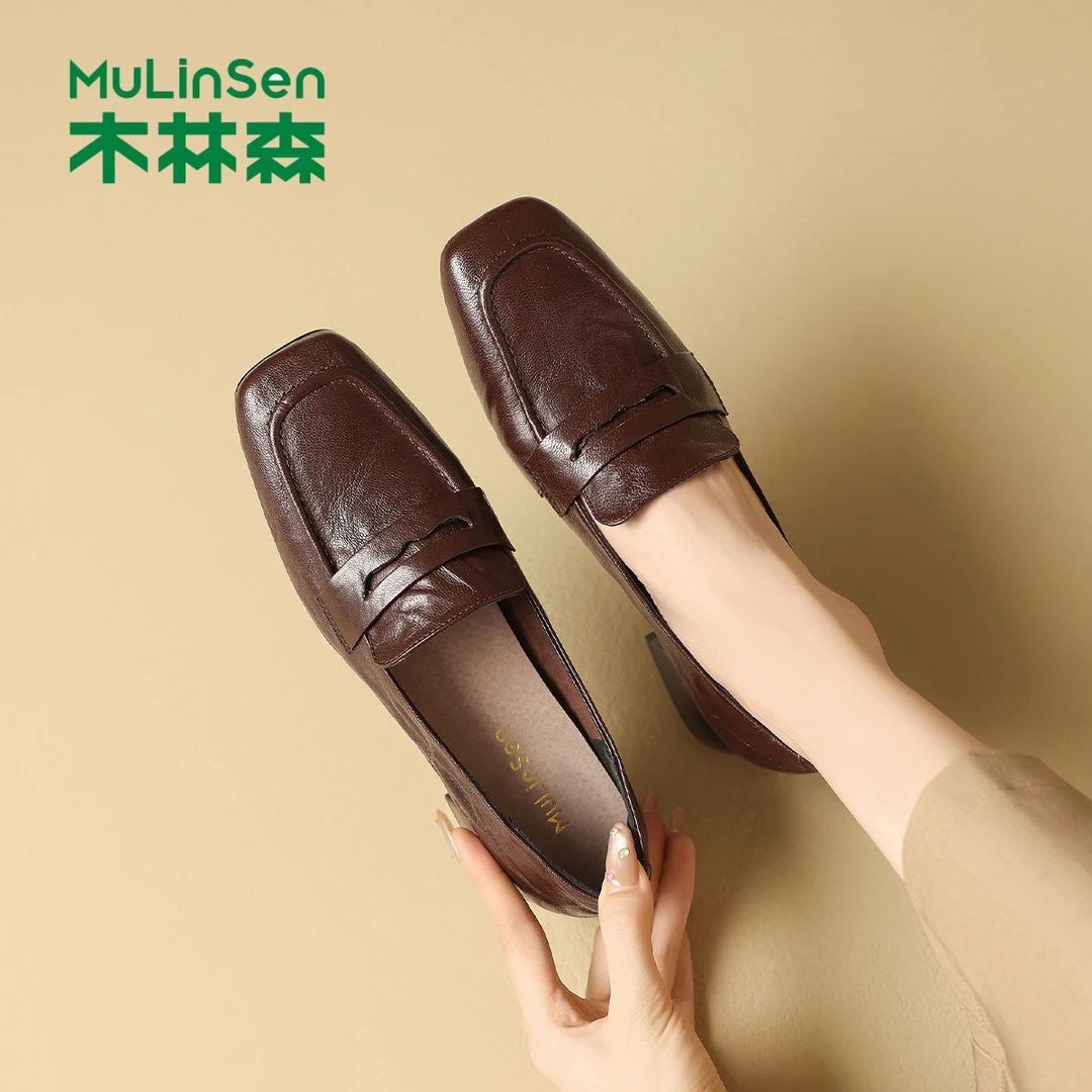 木林森女鞋2025新款方头皮鞋低跟甜辣千金风粗跟乐福鞋复古舒适感