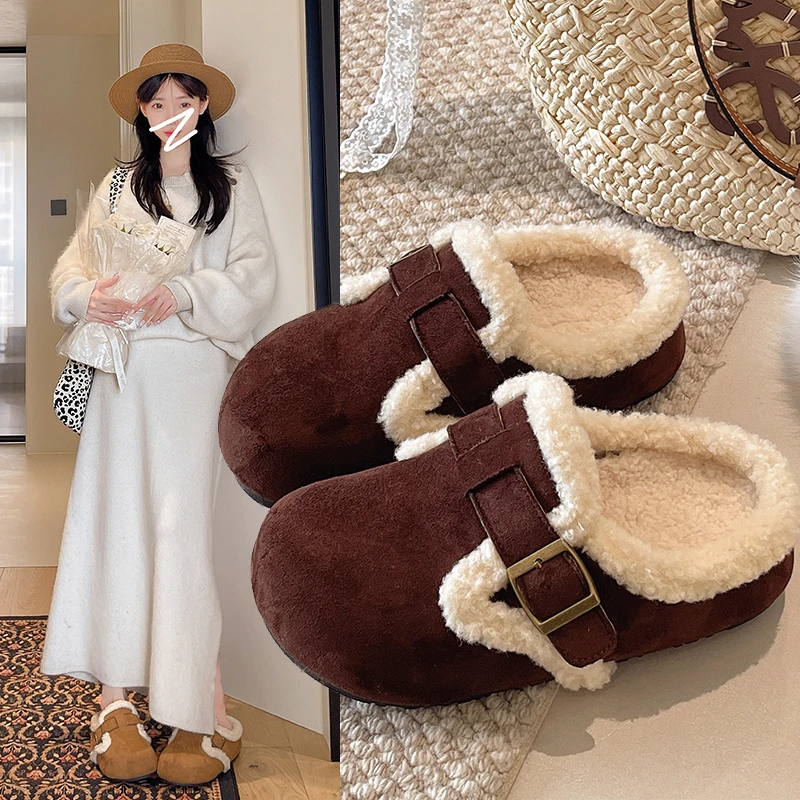 厚底内增高加绒保暖勃肯鞋女2025冬季新款外穿一脚蹬毛毛半拖鞋