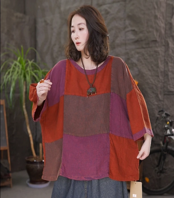 夏季亚麻撞色拼接短袖T恤女显瘦圆领上衣