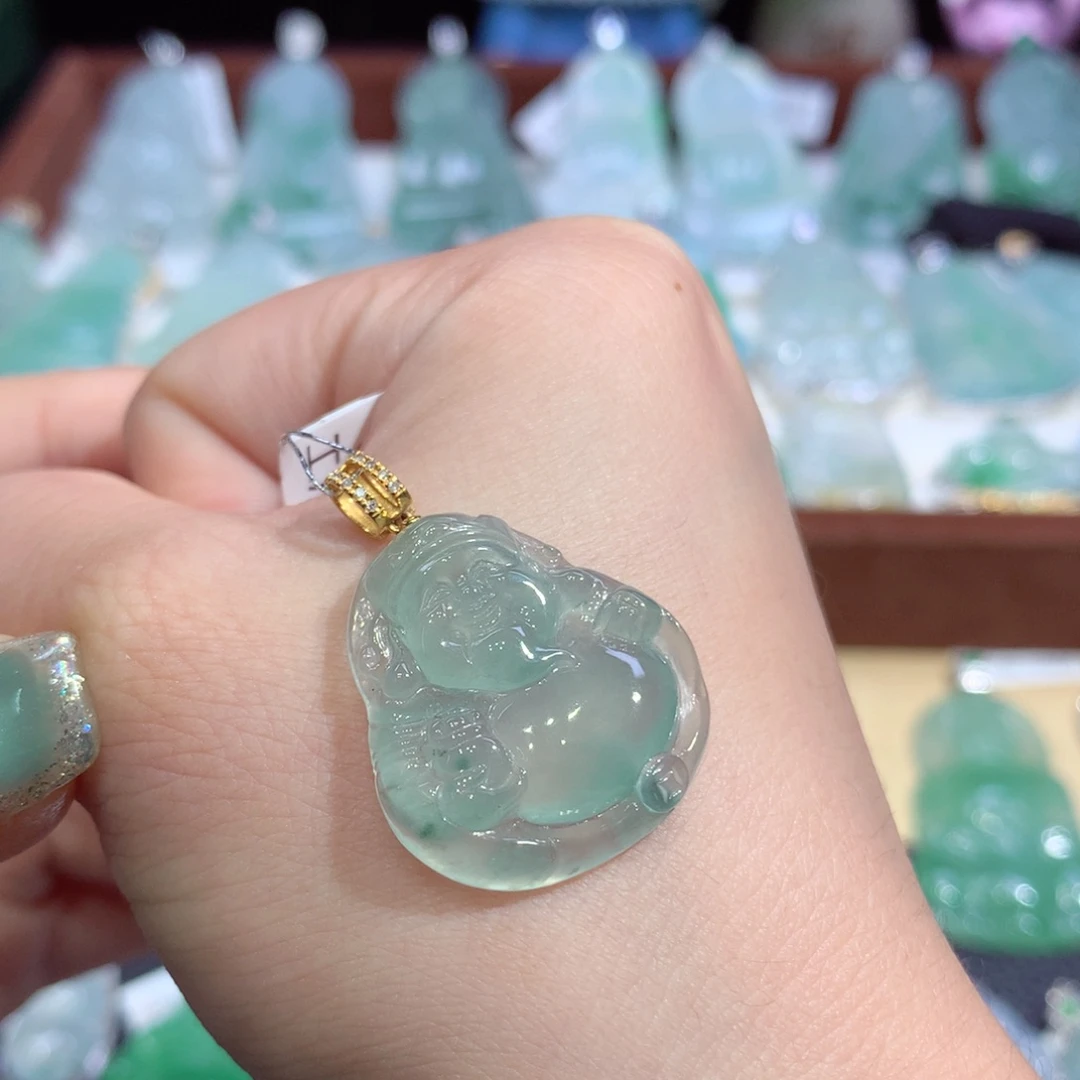 翡翠18K金镶嵌吊坠(不含链)天然缅甸A货翡翠揭阳工财神爷