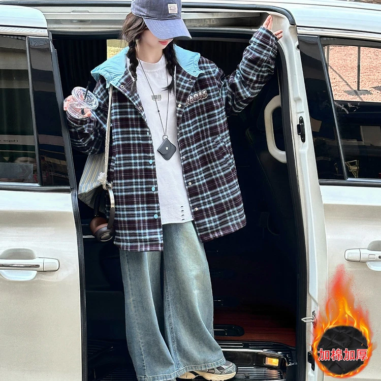 女童外套春秋2025新款夹棉格子衬衫连帽外套中大童学生加厚中长款