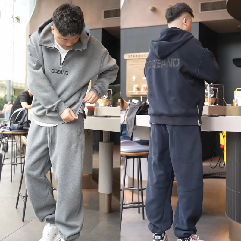 秋冬新款加绒潮牌刺绣休闲套装男简约百搭连帽卫衣运动卫裤两件套