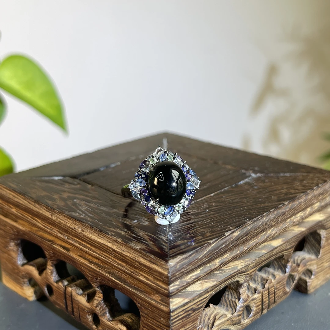 JTA22-165 天然黑色A货翡翠 黑-18K含钻镶嵌戒指14#