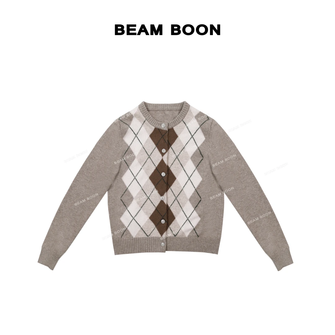 Beam Boon|【菱格纹】C*lin软糯100羊毛菱形棋盘格纹撞色针织开衫