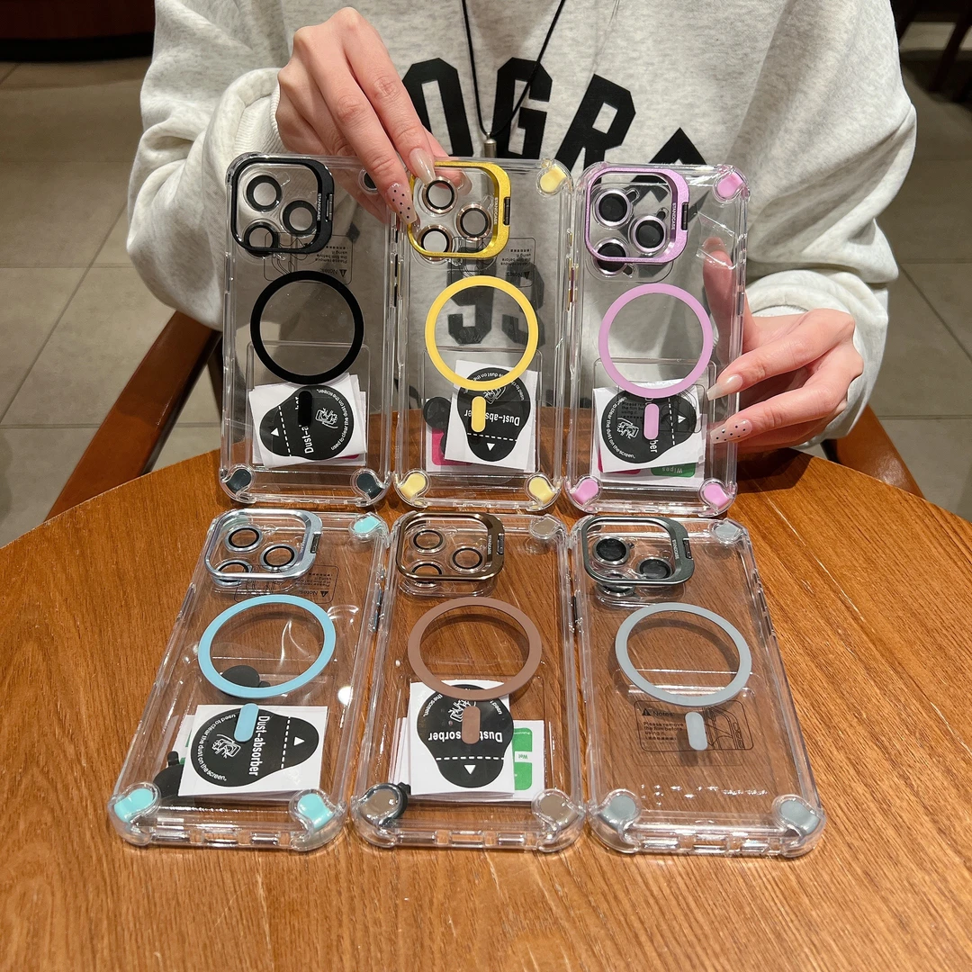 适用iphone15/16promax透明防摔磁吸镜头膜带支架气囊果冻手机壳