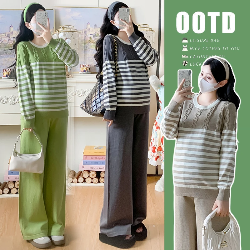2025新款孕妇秋装套装时尚减龄条纹上衣+阔腿裤春秋季两件套