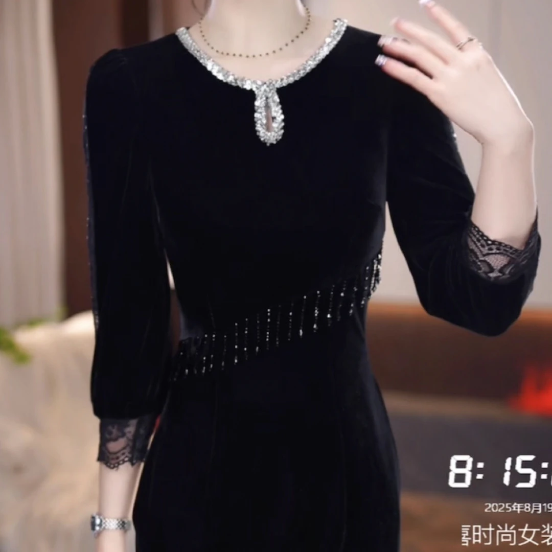 高级卡丹绒优雅气质端庄礼服裙2025秋季新款收腰显瘦洋气连衣裙