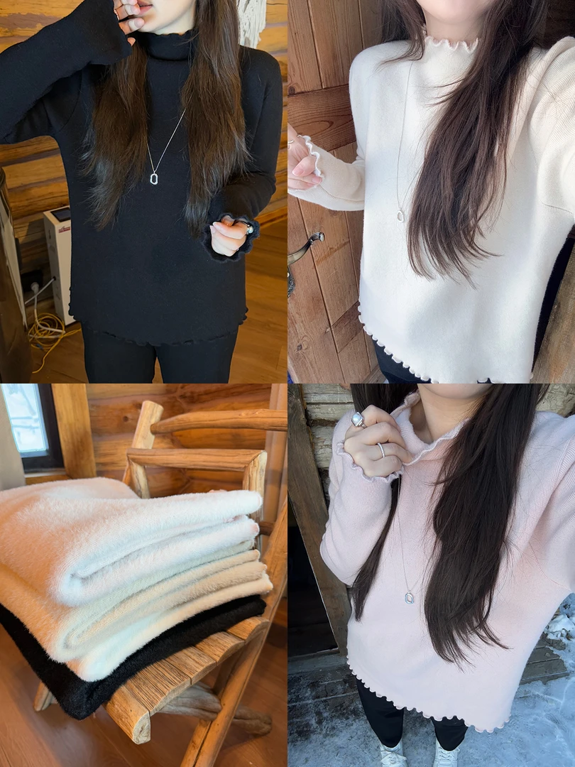 应小姐【小豆丁】微胖大码韩版套头秋冬长袖花边加绒宽松毛衣针织衫