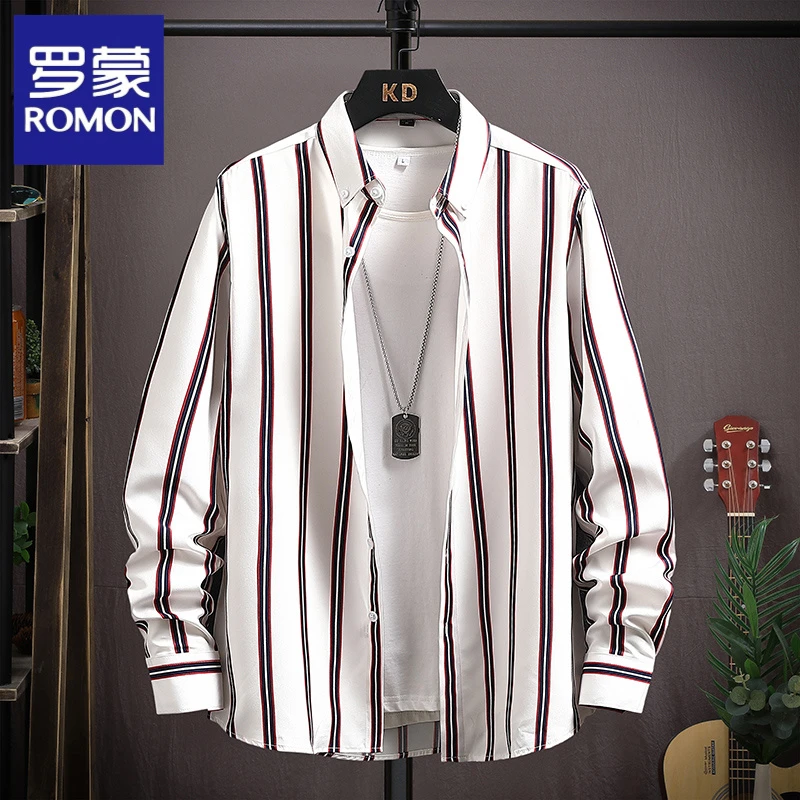 罗蒙衬衫时尚条纹长袖衬衫男士休闲外套轻商务风修身春夏潮流帅气