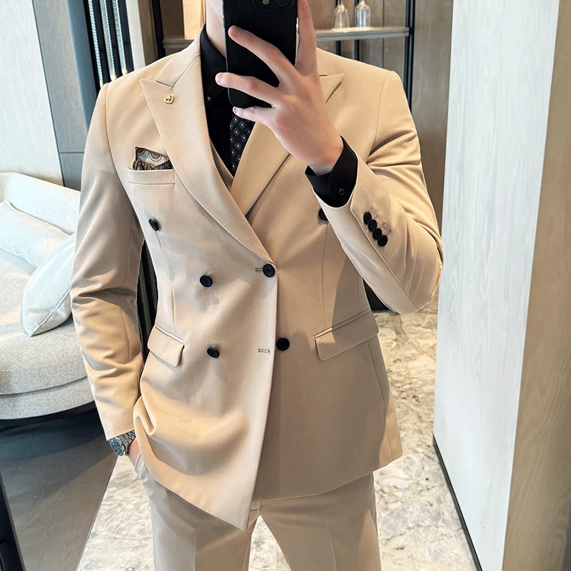 春夏双排扣西服套装男商务休闲男士戗驳领西装婚礼韩版西服三件套