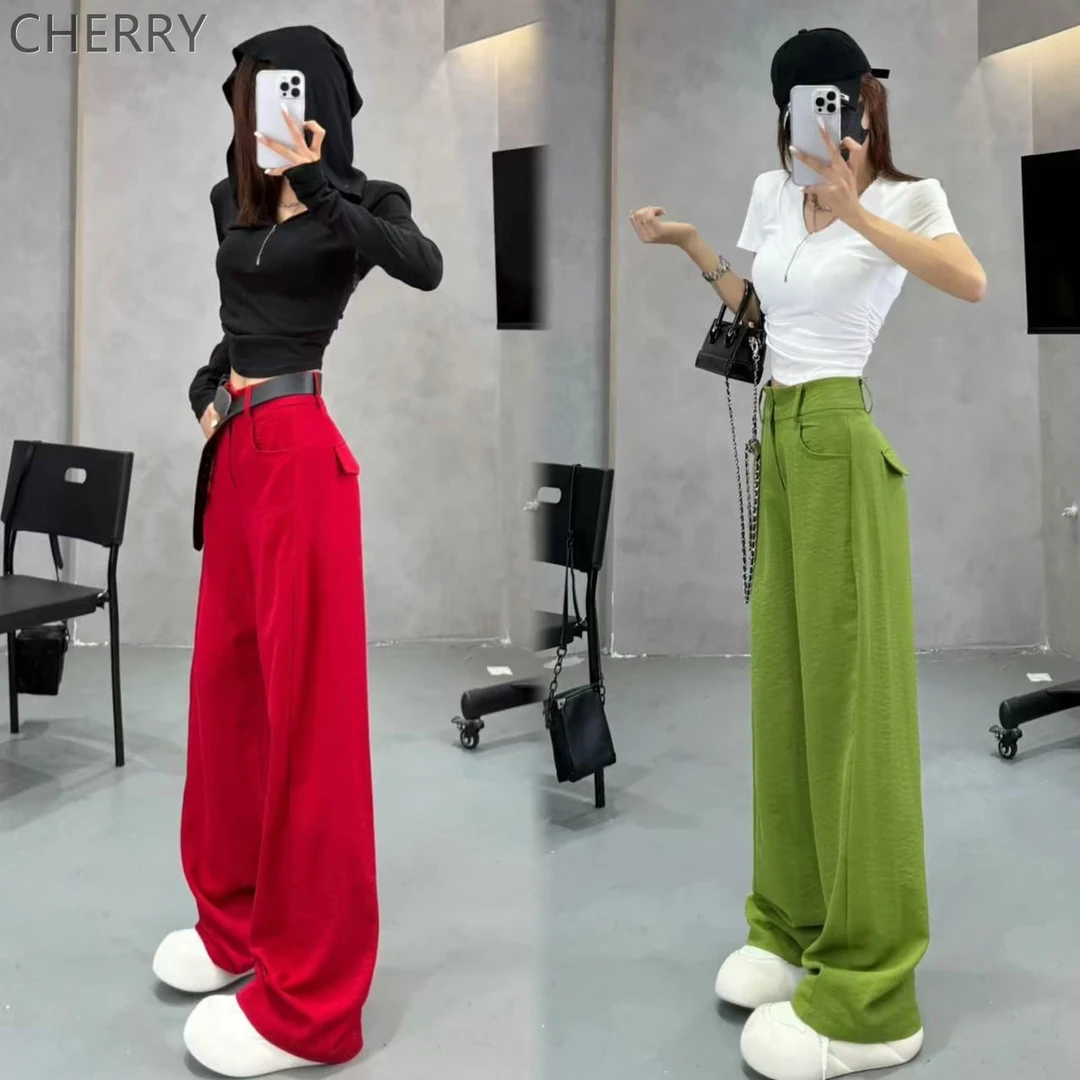 时髦红色高端裤子女2025薄款新款流行垂感小个子口袋直筒阔腿裤