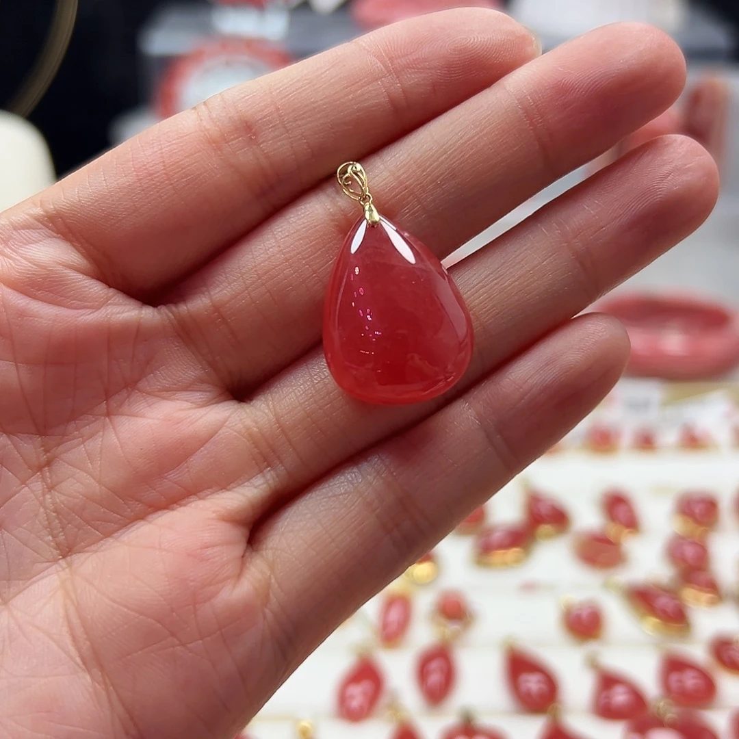 菱锰矿（红纹石）18K金镶嵌吊坠(不含链)