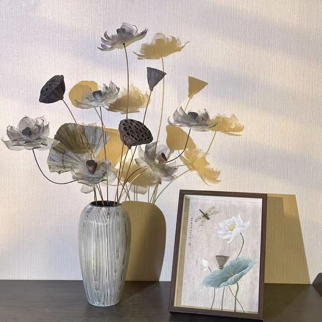 【水墨~荷花】叶脉花手工花干莲蓬禅意干花陶瓷花瓶玄关摆件装饰品