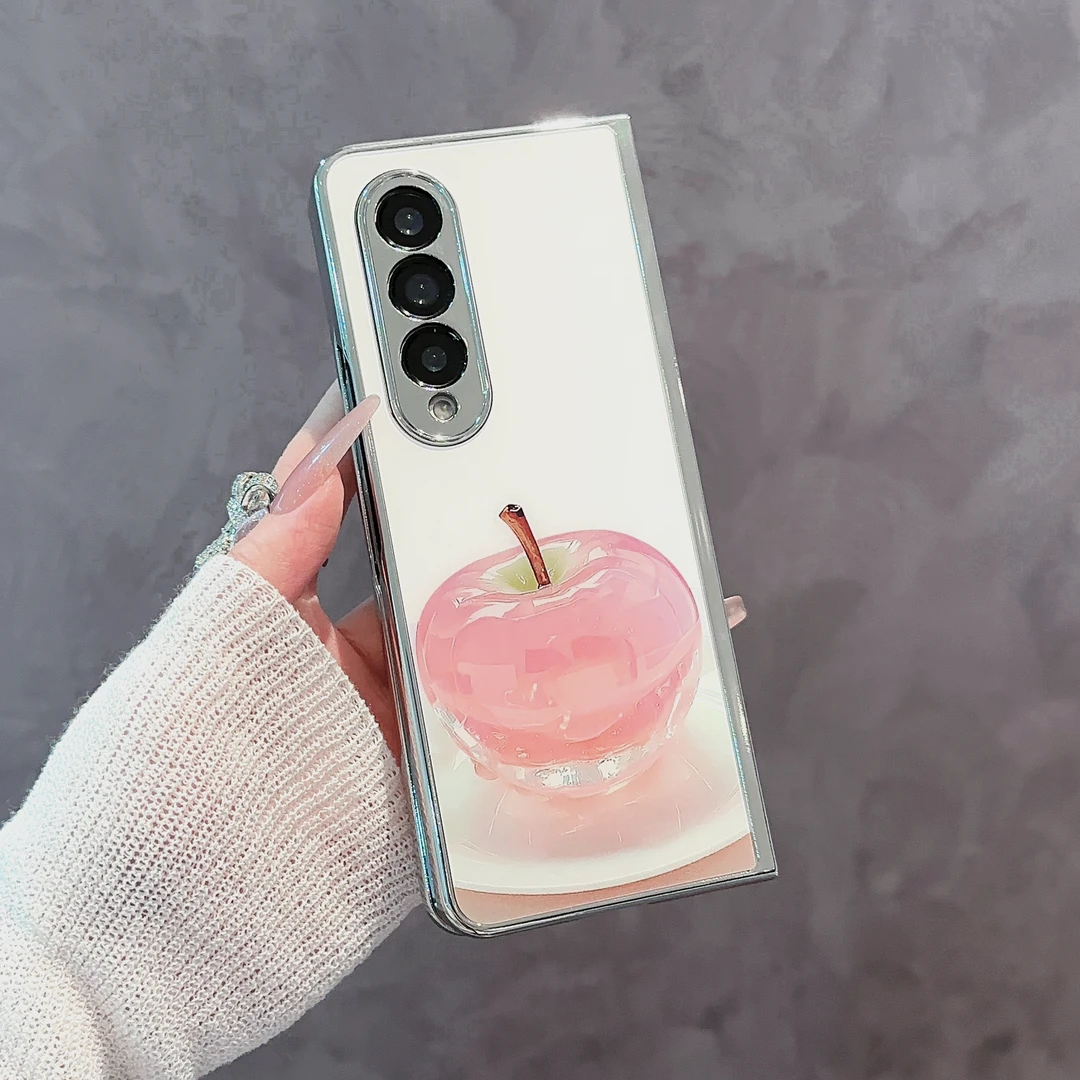 适用【三星W23】水晶苹果草莓电镀玻璃折叠防摔手机壳简约全包女款