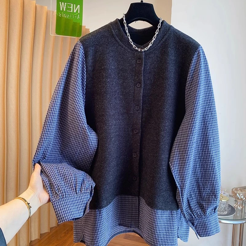 韩系设计感早春新款假两件格子拼接衬衫上衣女大码宽松减龄衬衣潮