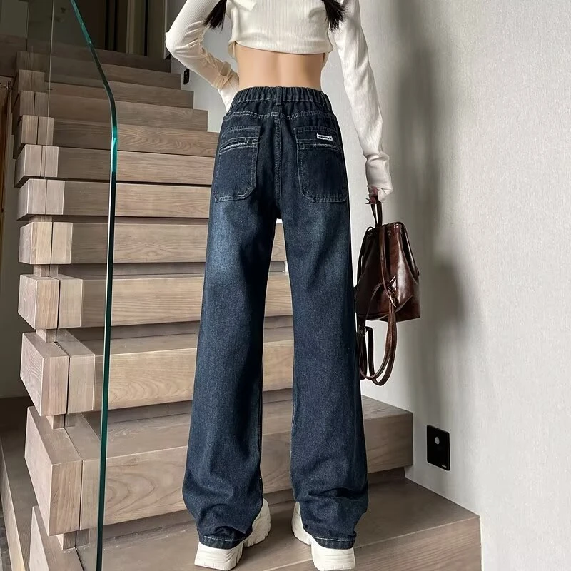 棉70%蓝色破洞牛仔裤女春秋2024年新款高腰宽松显瘦直筒阔腿裤长