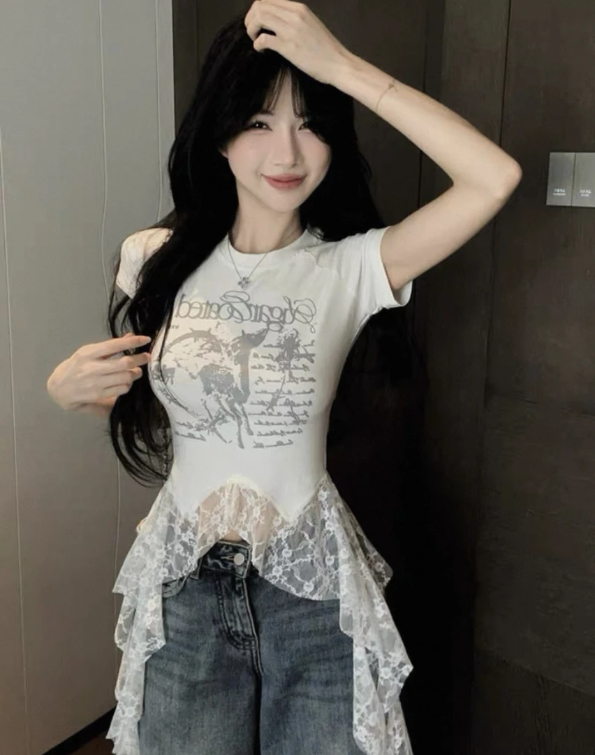 Z 设计感T恤韩版蕾丝显瘦拼接印花高腰辣妹上衣春夏款