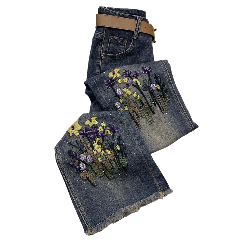 H5326秋季新款重工刺绣烫钻显瘦弹微喇女士牛仔裤(不带腰带)