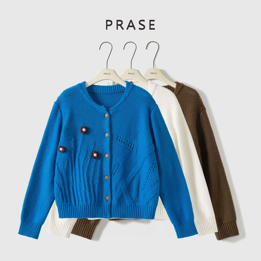 PRASE·噜【花朵乐园】微胖轻奢设计款秋女羊毛立体花朵开衫PR507B66