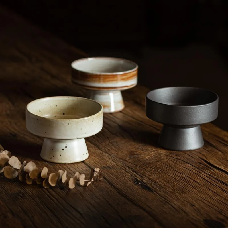 复古粗陶窑变高足碗茶点盘干果零食碗小果盘点心碗直口高脚碗