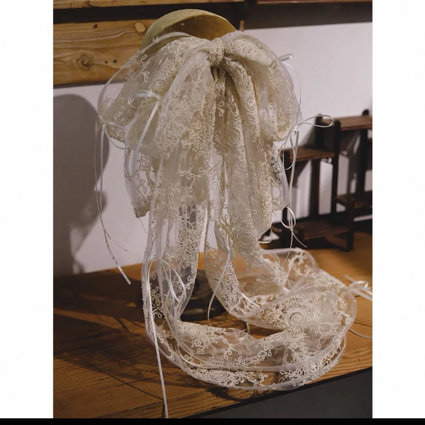 蕾丝优雅风成人蝴蝶结绣花头纱时尚白纱结婚唯美复古