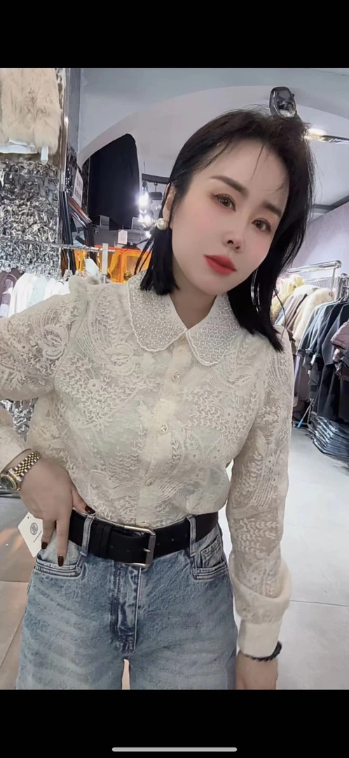 王琳家高级感重工蕾丝衬衫女春秋甜美法式白色内搭上衣