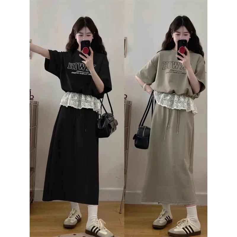 大码设计感休闲套装2025夏季蕾丝上衣女装遮肚显瘦半身裙子两件套