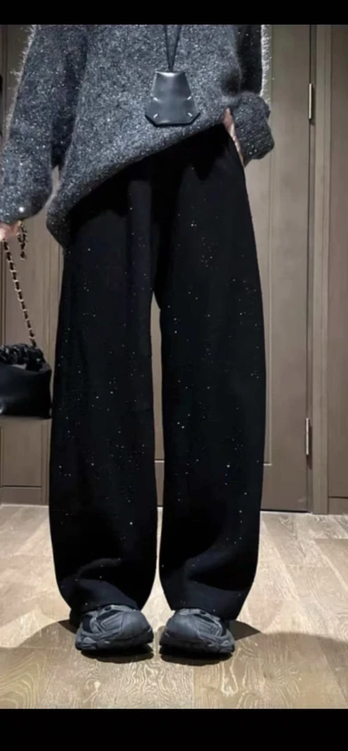 88581女款加厚不加绒底边可抽绳弯刀拖地满钻闪闪裤