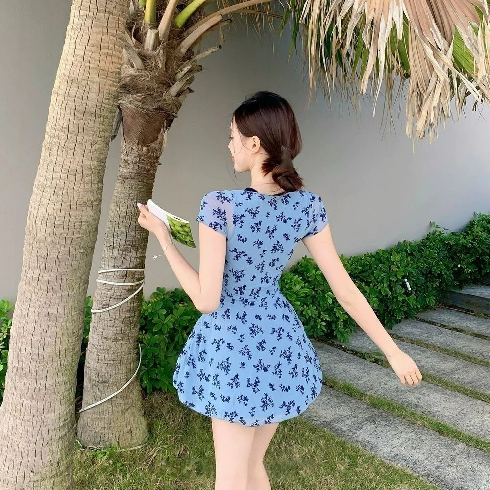 复古V领碎花裙式泳衣显瘦遮肚保守分体平角裤温泉泳衣蓝色修身