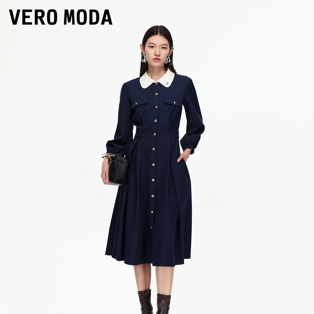 Vero Moda连衣裙2025秋季新款撞色翻领高腰线收褶中长裙3254SZ001