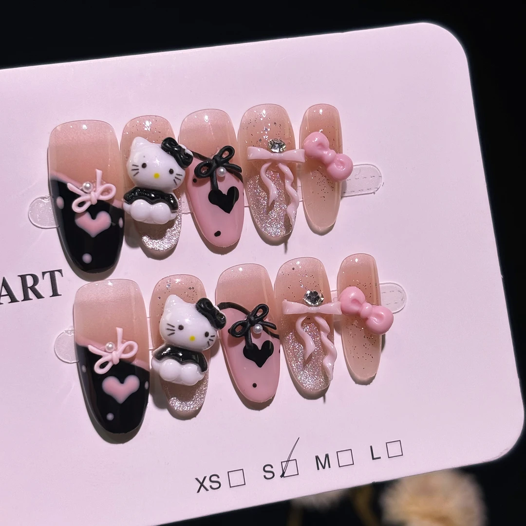 08【甜酷KT】银子家手工穿戴甲可爱kitty蝴蝶结款少女风美甲贴片