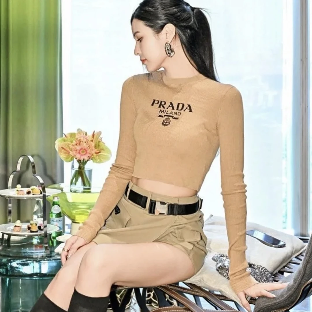 全新未使用 Prada/普拉达 汤/P205843774/驼色logo针织衫 42码