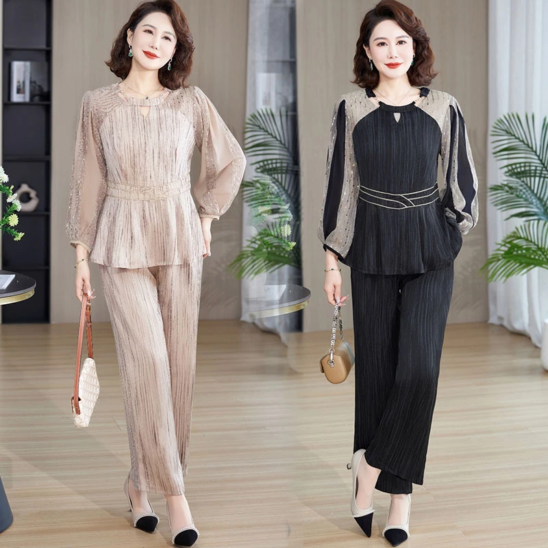 妈妈春夏新装时尚洋气套装中老年女装气质显瘦长袖小衫裤子两件套