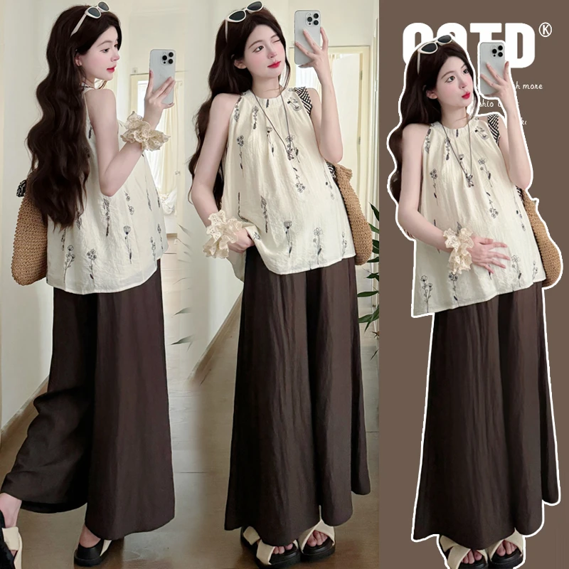 【安安】孕妇装夏季无袖刺绣上衣+阔腿裤洋气时尚孕妇裤子夏装减龄