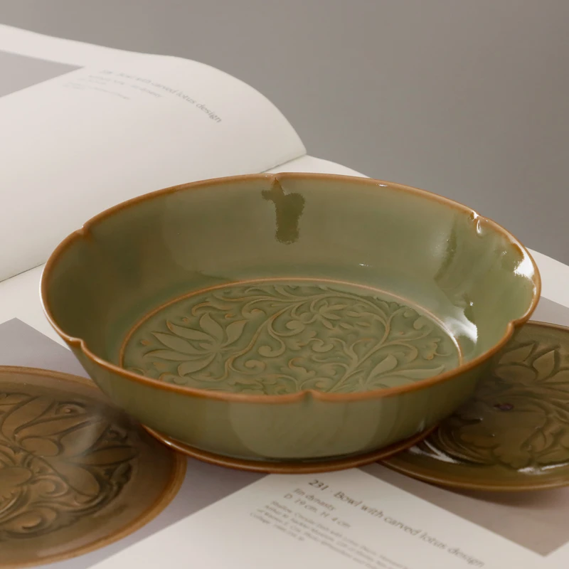 耀州窑青釉全手工刻花仿汝窑宋徽宗折花口刻花青瓷盘子小圆洗壶承