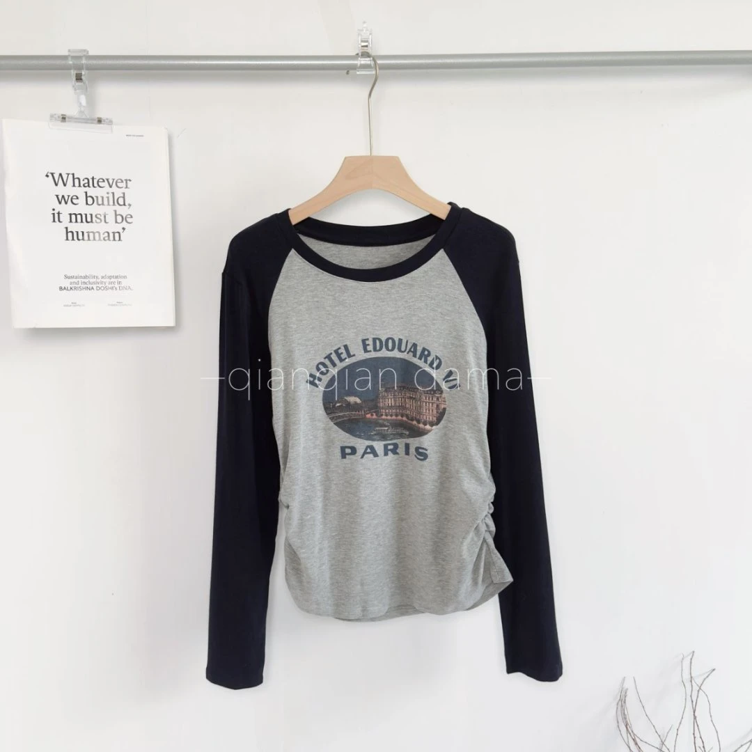 芊芊大码秋季复古拼色印花修身长袖时尚上衣 【JQ77324】